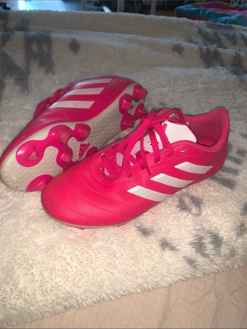 adidas Kids Bright Pink Soccer Cleats with White Stripes